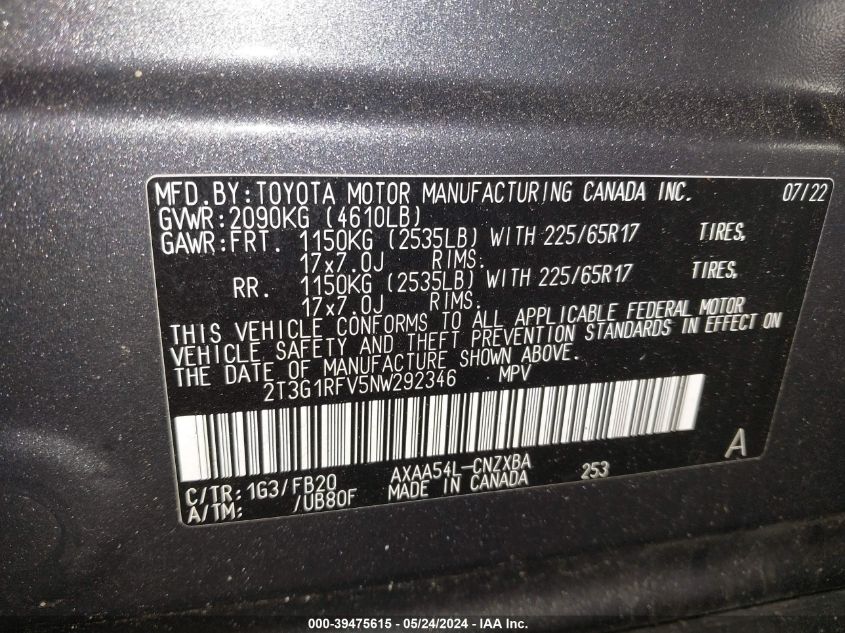 2022 Toyota Rav4 Le VIN: 2T3G1RFV5NW292346 Lot: 39475615