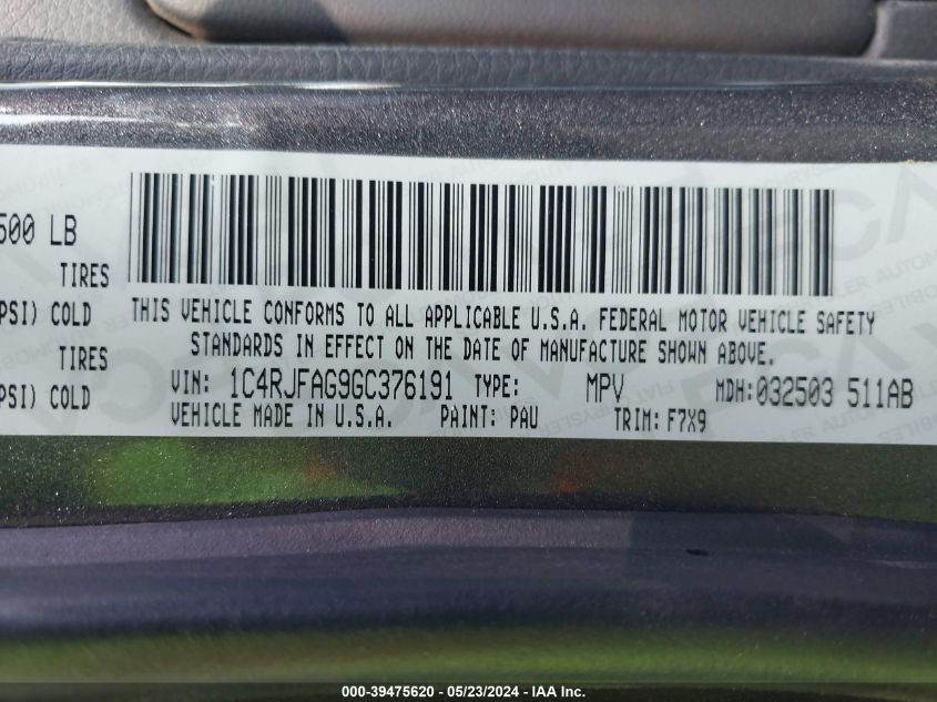 2016 Jeep Grand Cherokee Laredo VIN: 1C4RJFAG9GC376191 Lot: 39475620