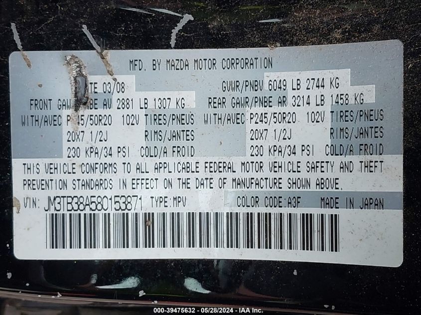 2008 Mazda Cx-9 Grand Touring VIN: JM3TB38A580153871 Lot: 39475632