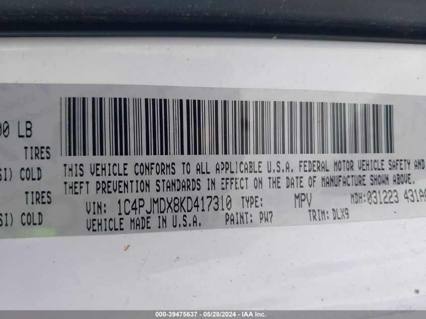 2019 Jeep Cherokee Limited 4X4 VIN: 1C4PJMDX8KD417310 Lot: 39475637