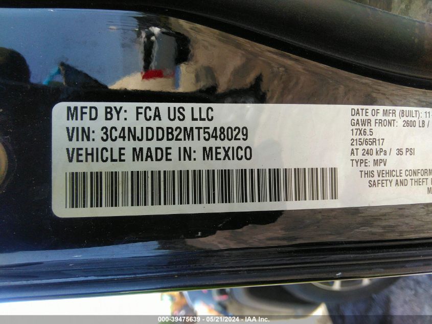 2021 Jeep Compass Trailhawk 4X4 VIN: 3C4NJDDB2MT548029 Lot: 39475639