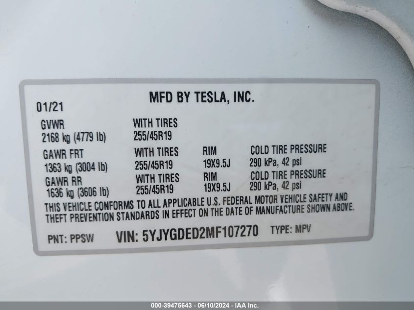 2021 Tesla Model Y Standard Range Rear-Wheel Drive VIN: 5YJYGDED2MF107270 Lot: 39475643