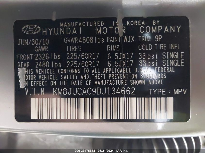 2011 Hyundai Tucson Gls VIN: KM8JUCAC9BU134662 Lot: 39475648