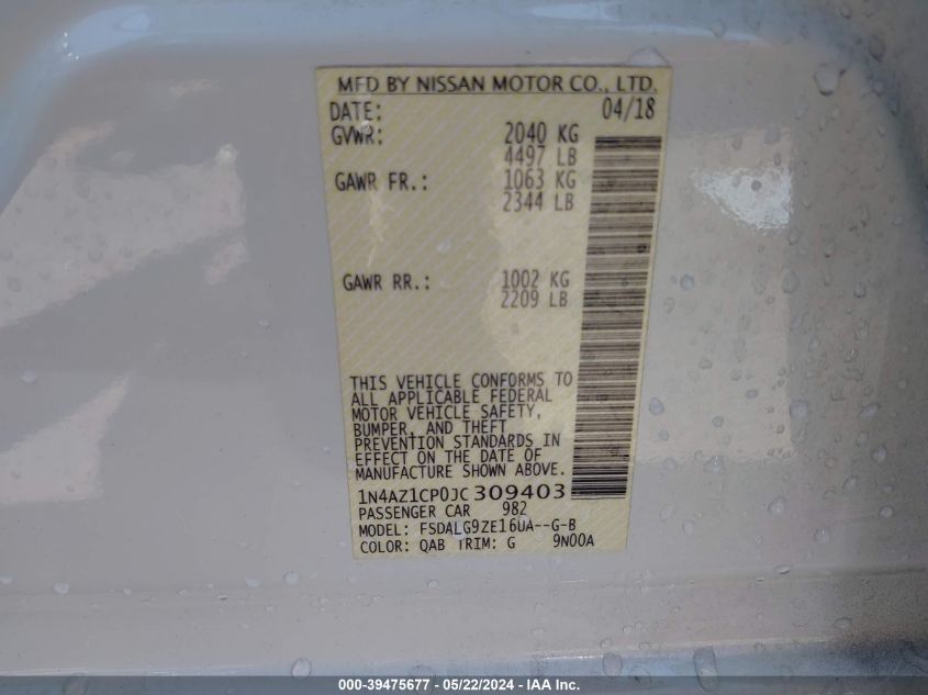 2018 Nissan Leaf Sl VIN: 1N4AZ1CP0JC309403 Lot: 39475677