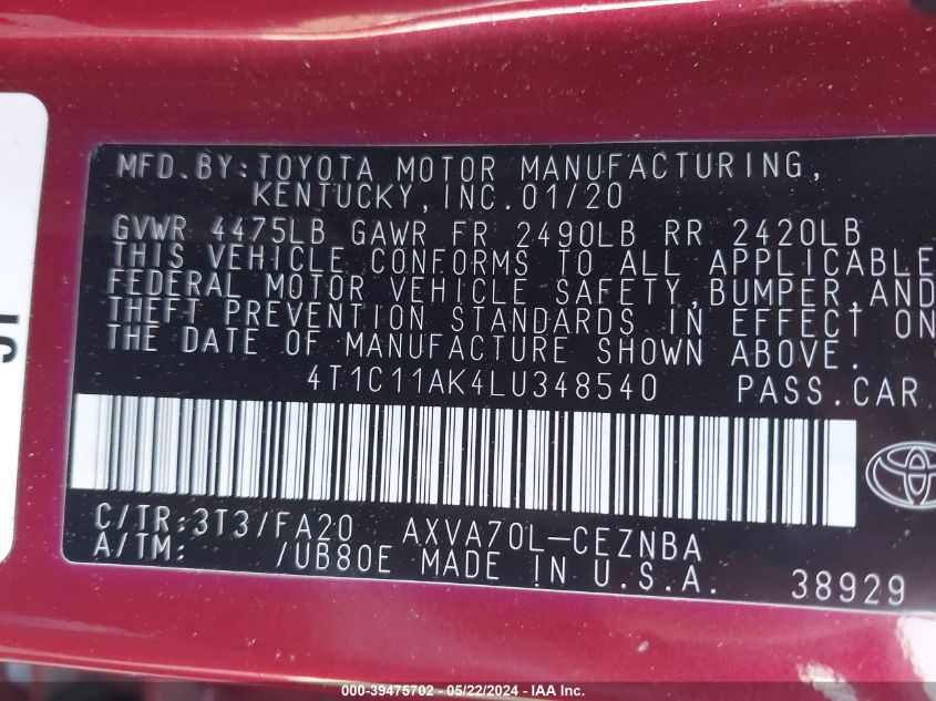 2020 Toyota Camry Le VIN: 4T1C11AK4LU348540 Lot: 39475702