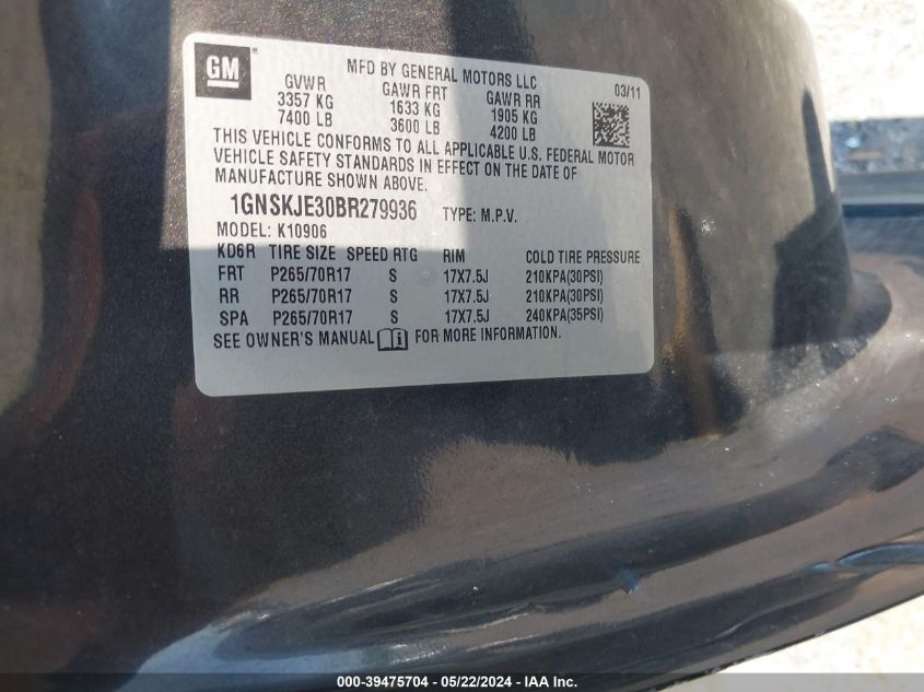 2011 Chevrolet Suburban 1500 Lt1 VIN: 1GNSKJE30BR279936 Lot: 39475704