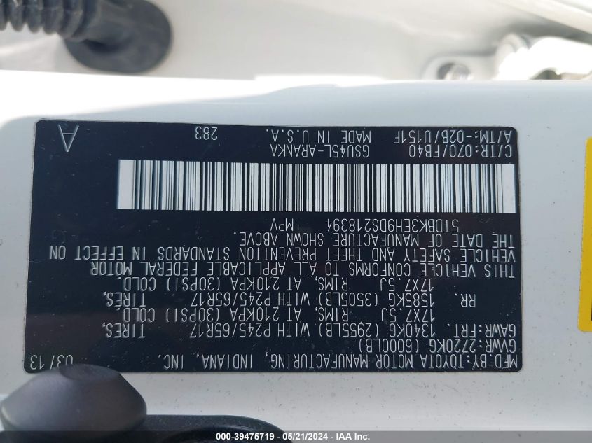 2013 Toyota Highlander Base V6 VIN: 5TDBK3EH9DS218394 Lot: 39475719