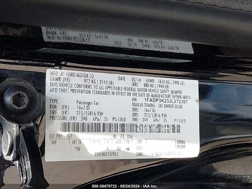 2018 FORD FOCUS SE - 1FADP3K23JL272397