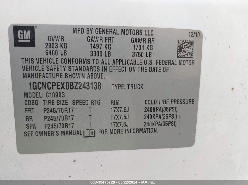 2011 Chevrolet Silverado 1500 Work Truck VIN: 1GCNCPEX0BZ243138 Lot: 39475728