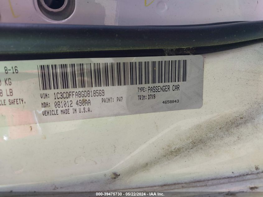 2016 Dodge Dart Sxt Sport VIN: 1C3CDFFA8GD818569 Lot: 39475730