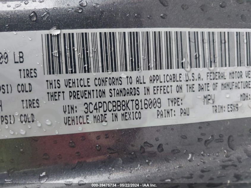 2019 Dodge Journey Se VIN: 3C4PDCBB8KT816009 Lot: 39475734