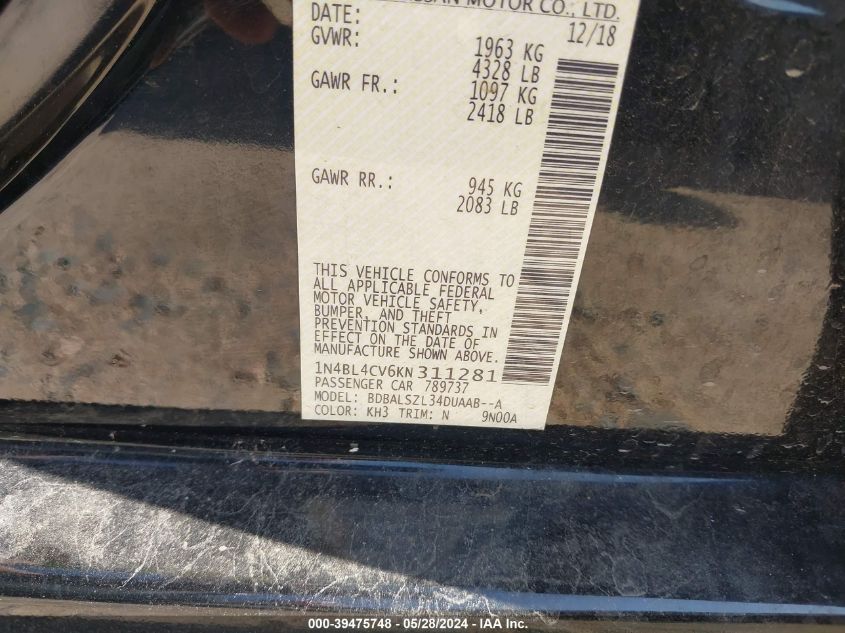 1N4BL4CV6KN311281 2019 Nissan Altima 2.5 Sr