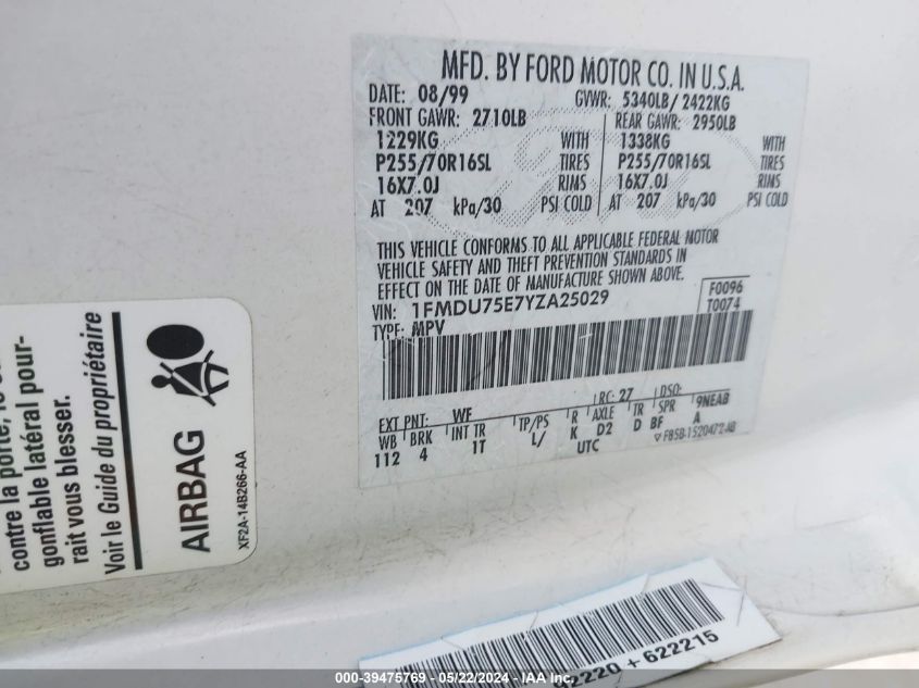 2000 Ford Explorer Limited VIN: 1FMDU75E7YZA25029 Lot: 39475769