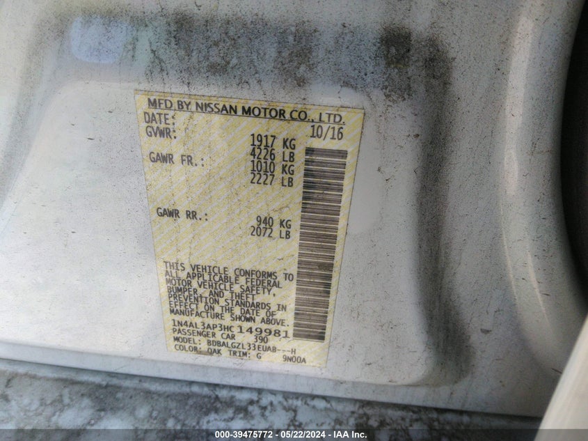 2017 Nissan Altima 2.5 S VIN: 1N4AL3AP3HC149981 Lot: 39475772