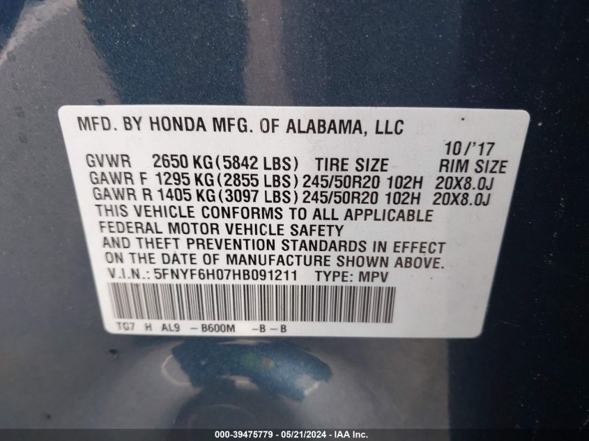 2017 Honda Pilot Elite VIN: 5FNYF6H07HB091211 Lot: 39475779