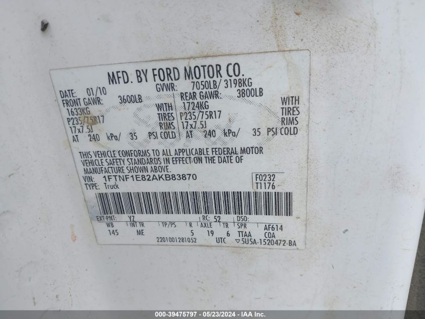 2010 Ford F-150 Xl/Xlt VIN: 1FTNF1E82AKB83870 Lot: 39475797