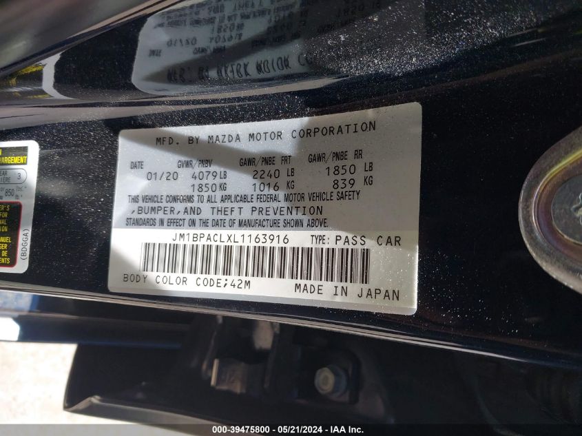 2020 Mazda Mazda3 Select Package VIN: JM1BPACLXL1163916 Lot: 39475800