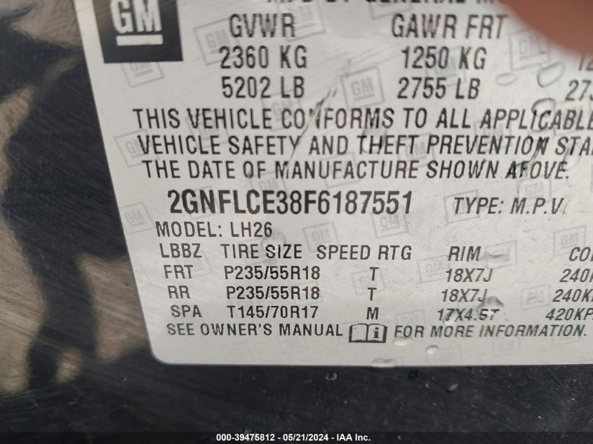 2015 Chevrolet Equinox 2Lt VIN: 2GNFLCE38F6187551 Lot: 39475812