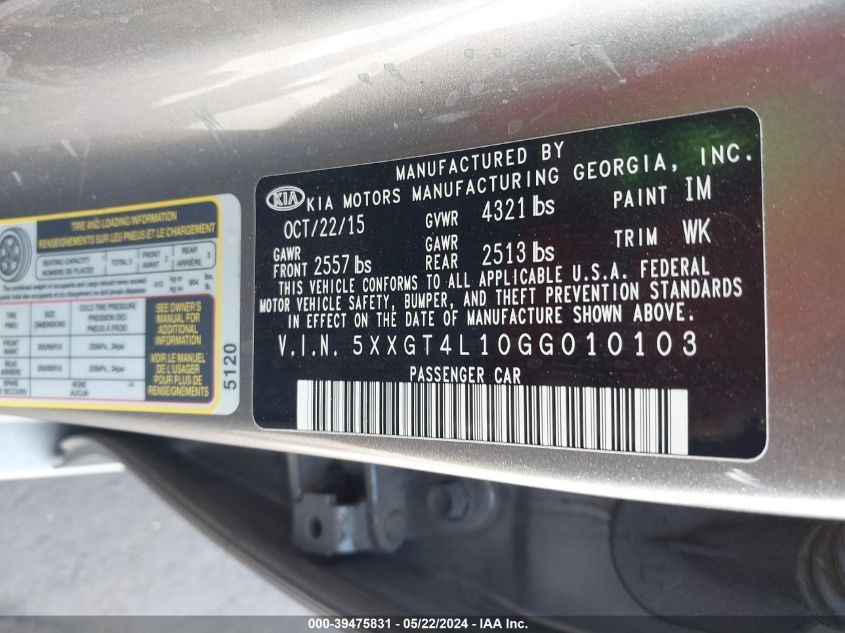 2016 Kia Optima Lx Turbo VIN: 5XXGT4L10GG010103 Lot: 39475831