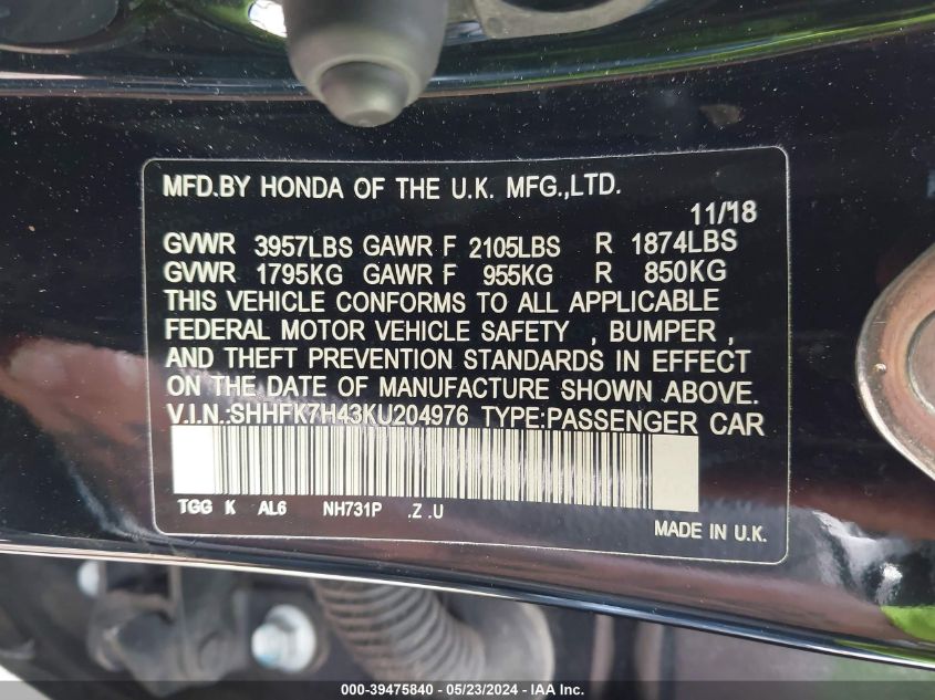 2019 Honda Civic Sport VIN: SHHFK7H43KU204976 Lot: 39475840