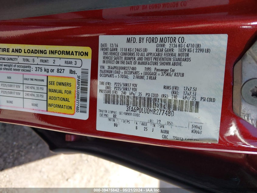VIN 3FA6P0LU0HR277480 2017 FORD FUSION HYBRID SE