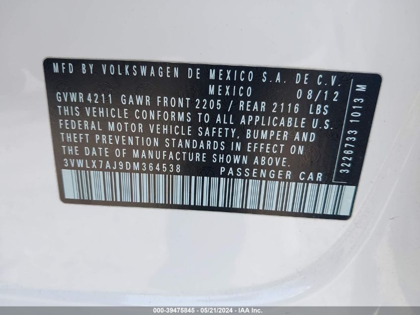 2013 Volkswagen Jetta 2.5L Sel VIN: 3VWLX7AJ9DM364538 Lot: 39475845