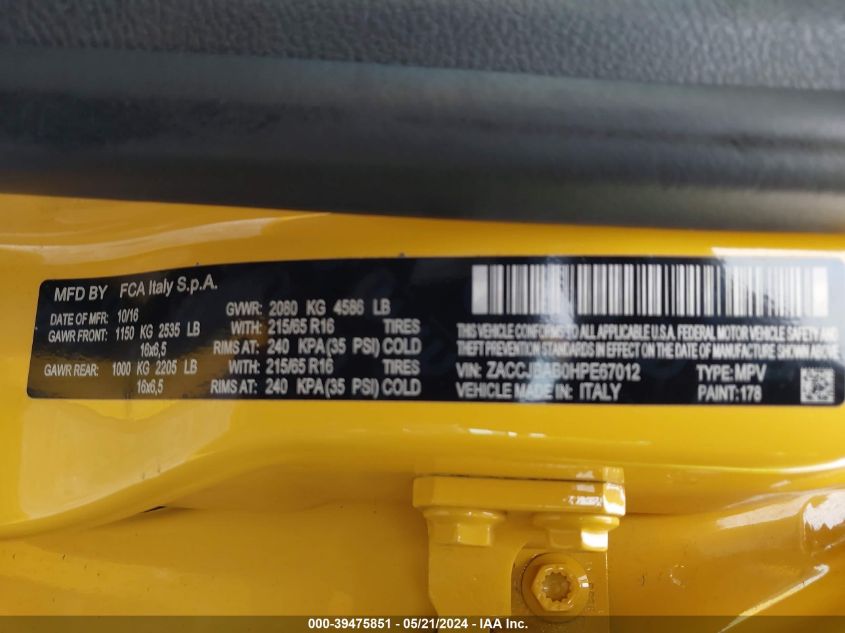 2017 Jeep Renegade Sport 4X4 VIN: ZACCJBAB0HPE67012 Lot: 39691076