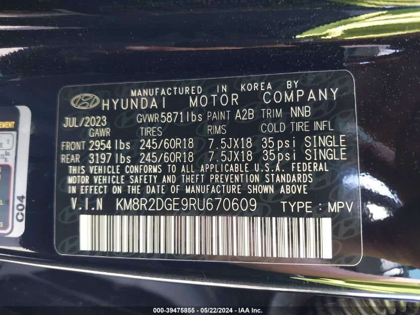 2024 Hyundai Palisade Sel VIN: KM8R2DGE9RU670609 Lot: 39475855