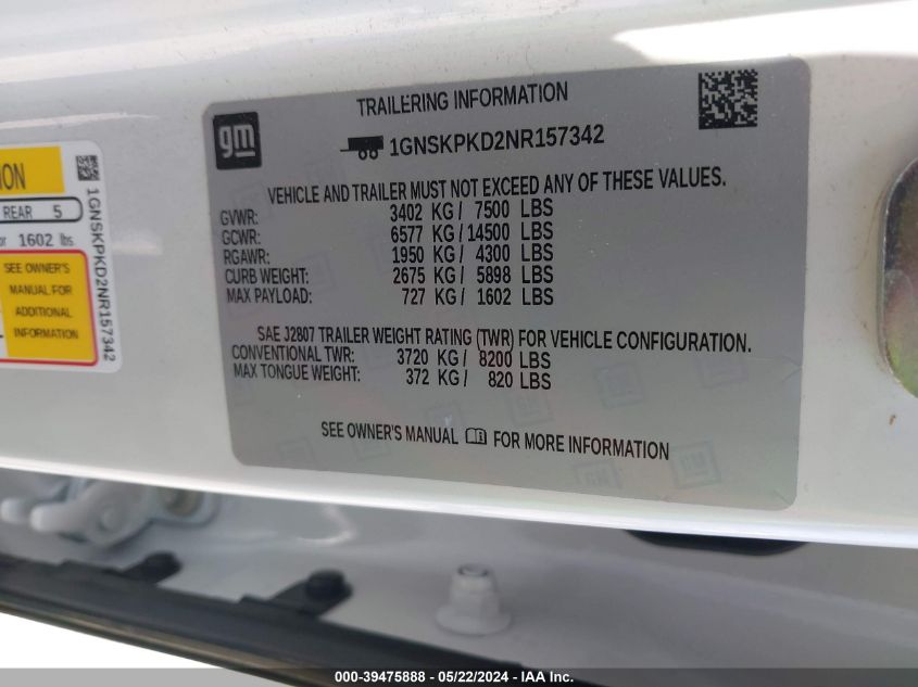 2022 CHEVROLET TAHOE 4WD Z71 - 1GNSKPKD2NR157342