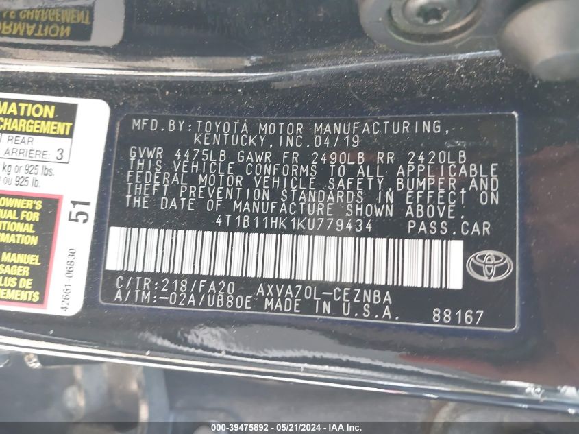 2019 Toyota Camry Le VIN: 4T1B11HK1KU779434 Lot: 39475892