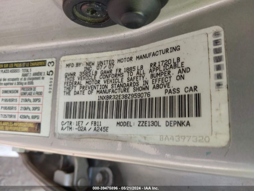 2008 Toyota Corolla Le VIN: 1NXBR32E38Z959076 Lot: 39475896