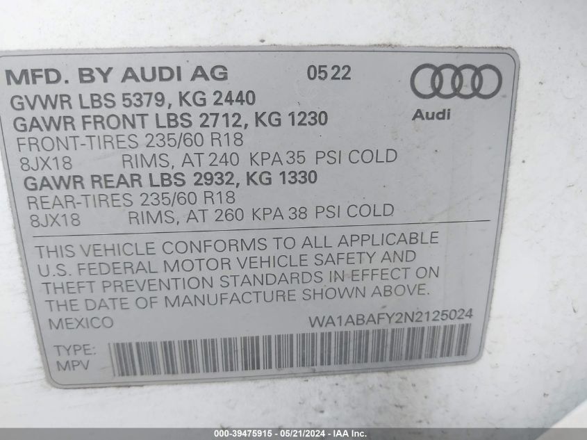 2022 Audi Q5 Premium 40 Tfsi Quattro S Tronic VIN: WA1ABAFY2N2125024 Lot: 39475915