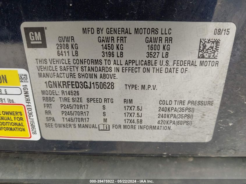 2016 Chevrolet Traverse Ls VIN: 1GNKRFED3GJ150628 Lot: 39475922