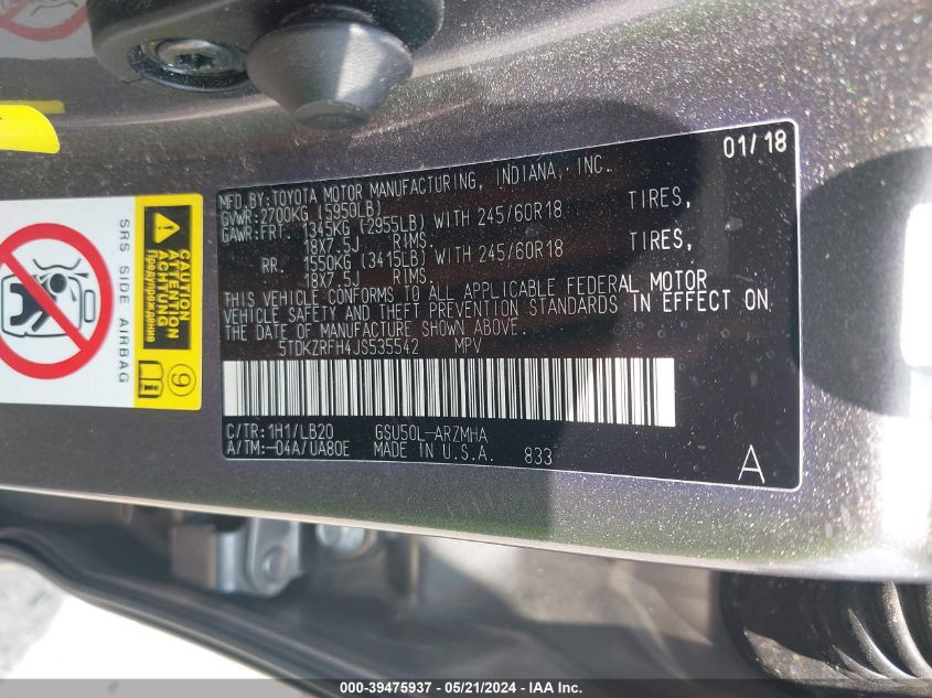 2018 Toyota Highlander Xle VIN: 5TDKZRFH4JS535542 Lot: 39475937