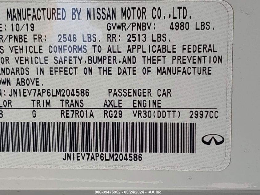 2020 Infiniti Q50 Luxe VIN: JN1EV7AP6LM204586 Lot: 39475952