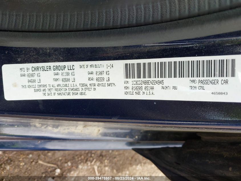 2014 Dodge Avenger Se VIN: 1C3CDZAB8EN224945 Lot: 39475957