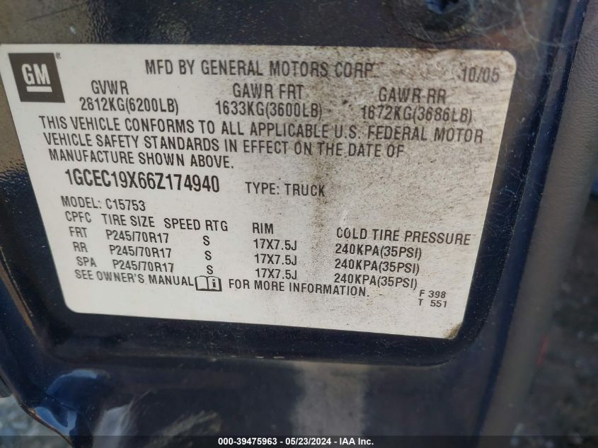 2006 Chevrolet Silverado 1500 Ls VIN: 1GCEC19X66Z174940 Lot: 39475963