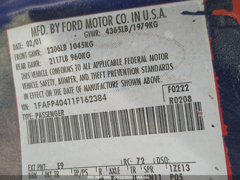 2001 Ford Mustang VIN: 1FAFP40411F162384 Lot: 39475985
