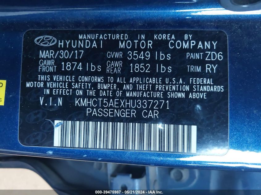 2017 Hyundai Accent Se VIN: KMHCT5AEXHU337271 Lot: 39475987