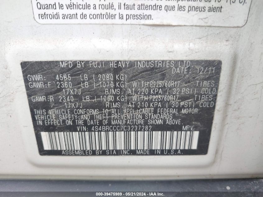 2012 Subaru Outback 2.5I Premium VIN: 4S4BRCCC7C3237282 Lot: 39475989