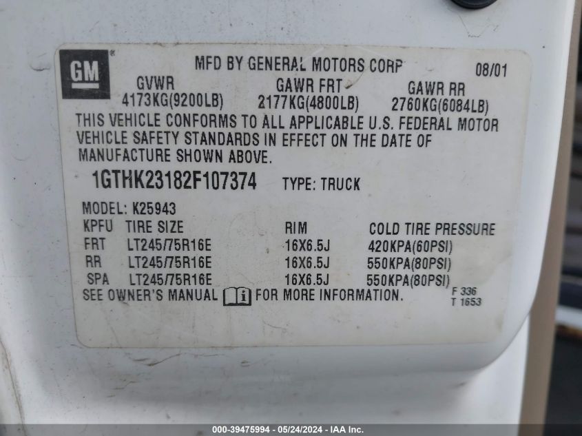 2002 GMC Sierra 2500Hd Sle VIN: 1GTHK23182F107374 Lot: 39475994