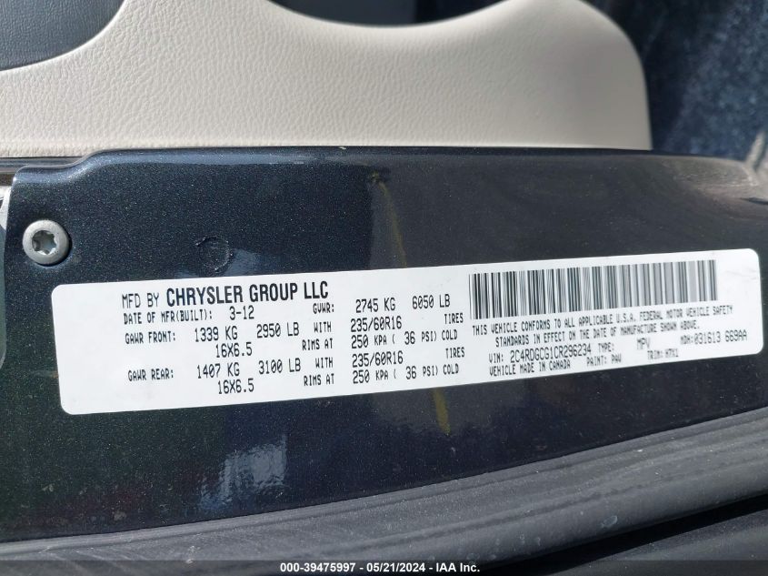 2012 Dodge Grand Caravan Sxt VIN: 2C4RDGCG1CR296234 Lot: 39475997