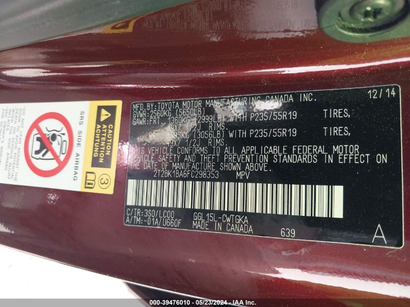 2015 Lexus Rx 350 VIN: 2T2BK1BA6FC298353 Lot: 39476010