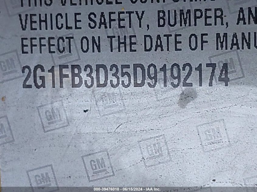 2013 Chevrolet Camaro 1Lt VIN: 2G1FB3D35D9192174 Lot: 39476018
