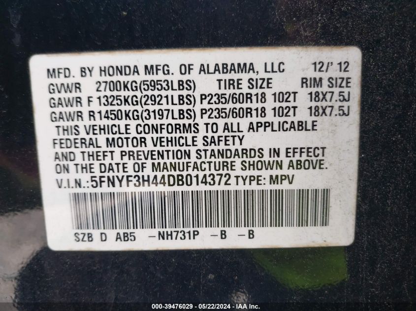 2013 Honda Pilot Ex VIN: 5FNYF3H44DB014372 Lot: 39476029