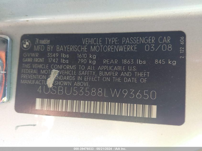 2008 BMW Z4 3.0Si VIN: 4USBU53588LW93650 Lot: 39476033