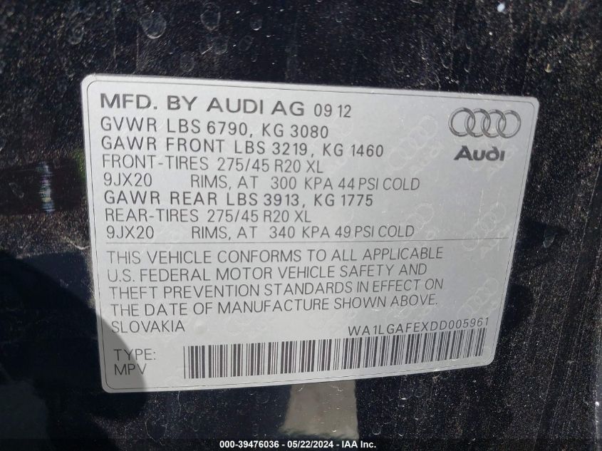 WA1LGAFEXDD005961 2013 Audi Q7 3.0T Premium