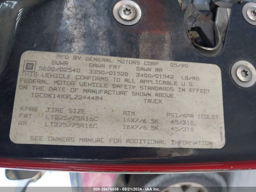 1990 Chevrolet Gmt-400 K1500 VIN: 1GCDK14K9LZ244484 Lot: 39476038