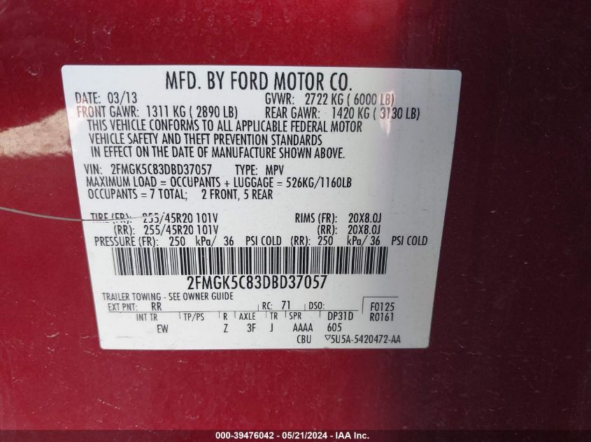 2013 Ford Flex Sel VIN: 2FMGK5C83DBD37057 Lot: 39476042