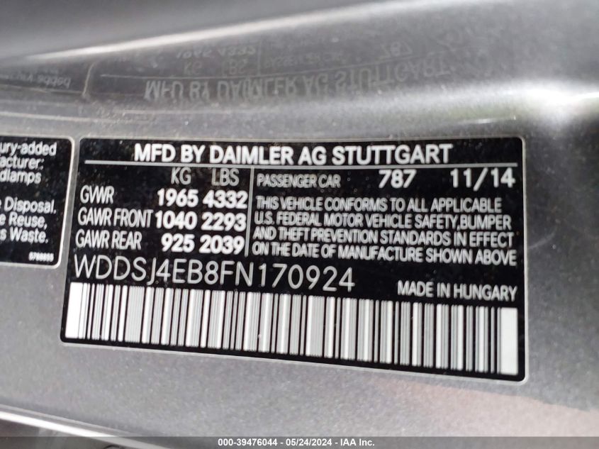 2015 Mercedes-Benz Cla 250 VIN: WDDSJ4EB8FN170924 Lot: 39476044